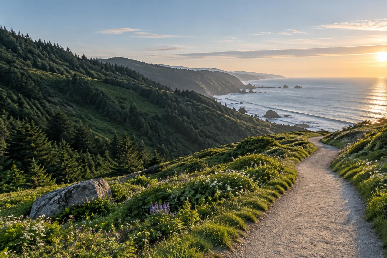 A winding coastal path toward a sunlit horizon
